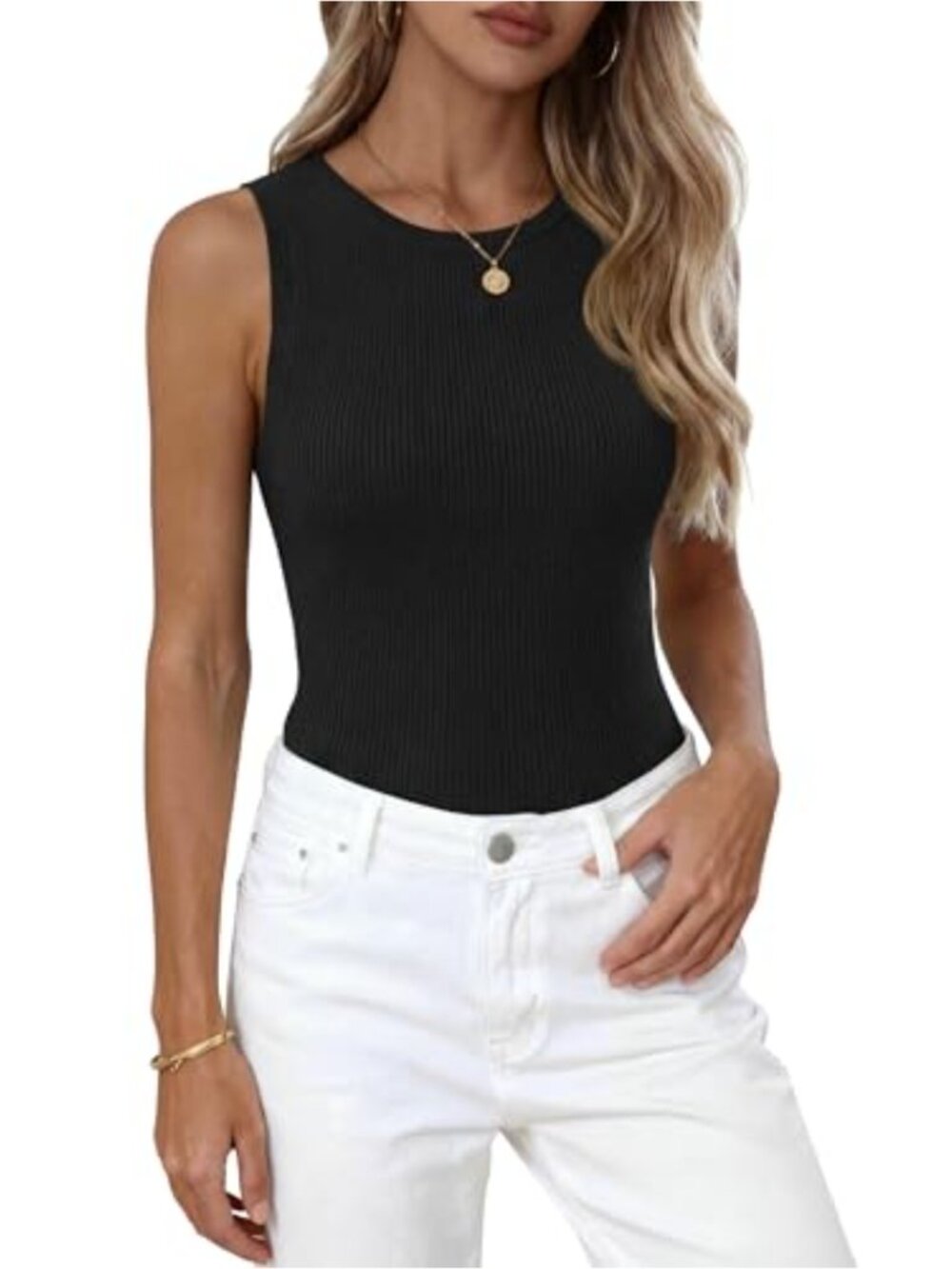 High Neck Ribbed Knit Striped Tank Top Slim Fit Sleeveless Summer Women's
